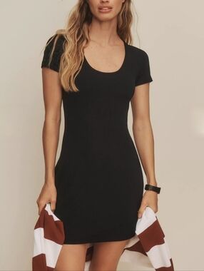 SPIRITUAL GANSTER Celine Black Modal Ribbed Knit Short Sleeve Mini Dress Size XL